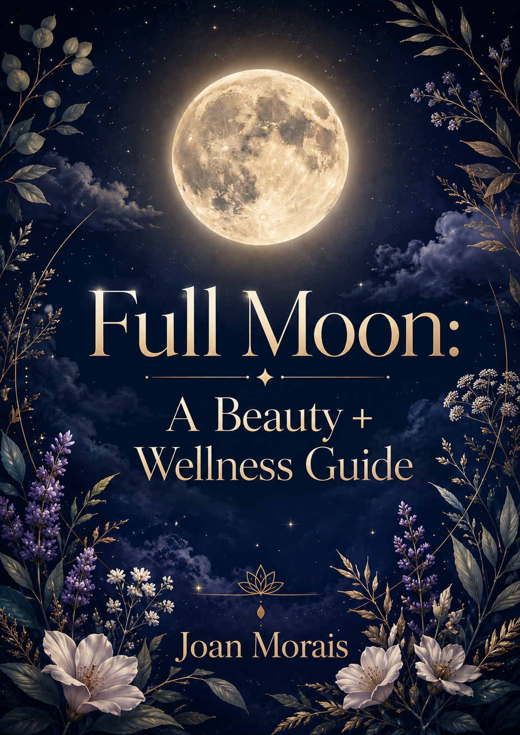 Full Moon: A Beauty + Wellness Guide free ebook cover with glowing moon, botanicals, and celestial night sky. By Joan Morais