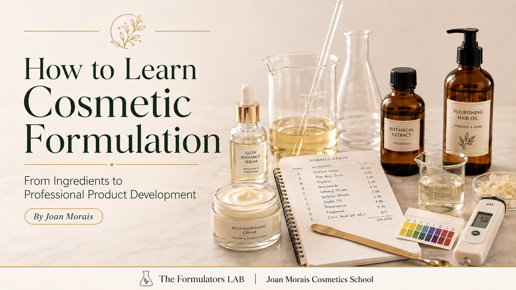 How to Learn Cosmetic Formulation blog image featuring beakers, serum and cream products, botanical extract, hair oil, formulation notebook, pH strips, and pH meter in a professional cosmetic lab setting.