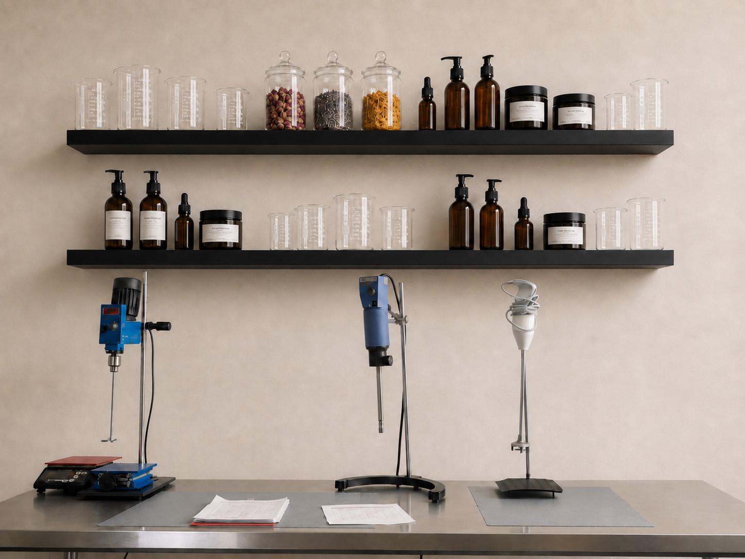 Homogenizer, overhead mixer and immersion blender for cosmetic emulsions
