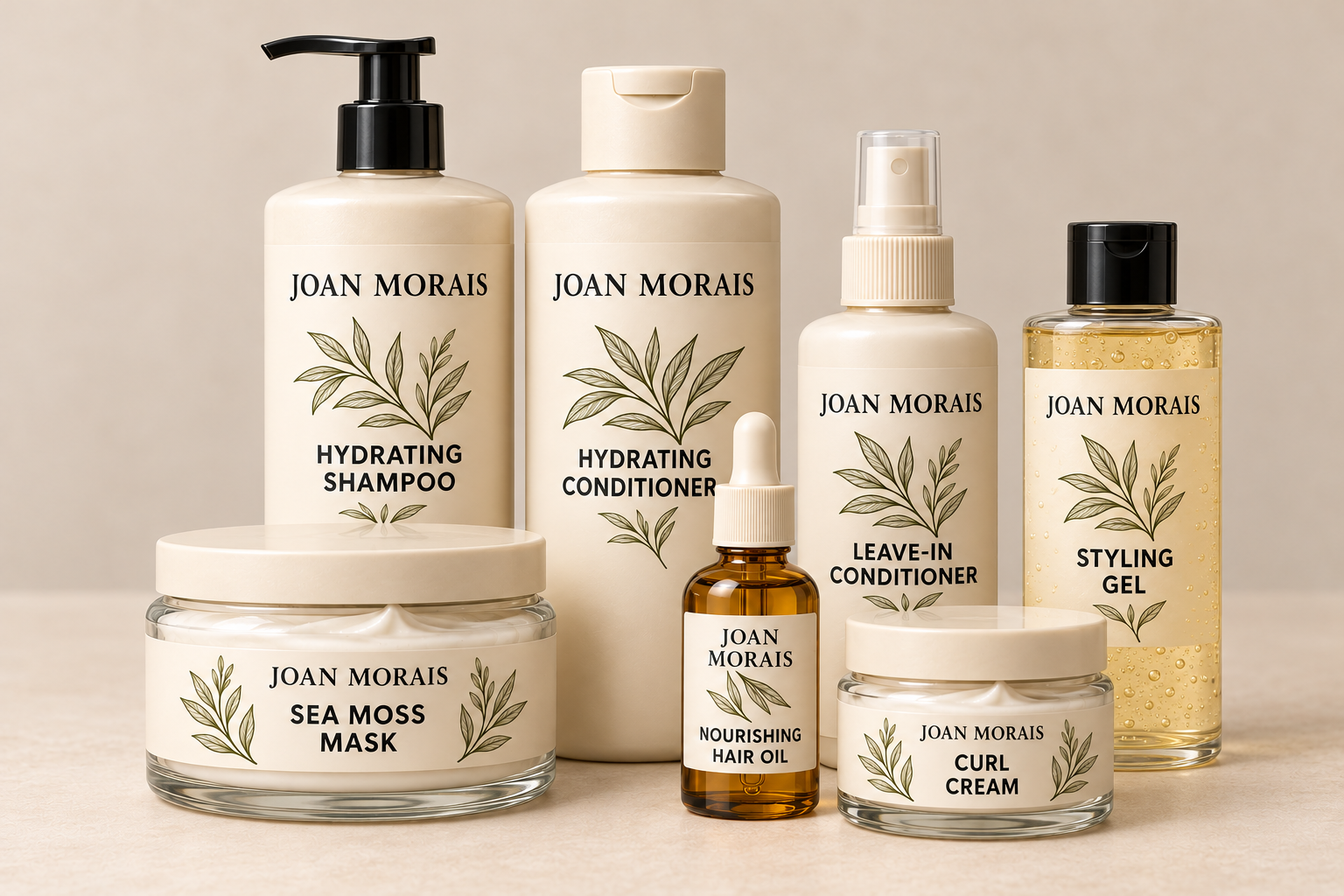 natural-hair-care-formulations-joan-morais Joan Morais hair care products including shampoo, conditioners, sea moss mask, curl cream, styling gel, and nourishing hair oil.